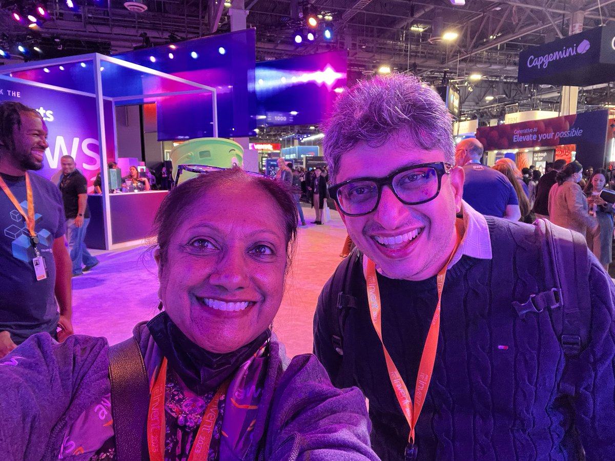 nithyaruff's tweet image. Pictures from day 1 of #awsreinvent2023 . And can I say that @QuinnyPig owns the best dressed award. Not only was it a nod to the F1 circuit that was here in Vegas last week but also reflective of the unique perspectives that only Corey brings.  @ArundeepNagaraj &amp;amp; Amber Graner.