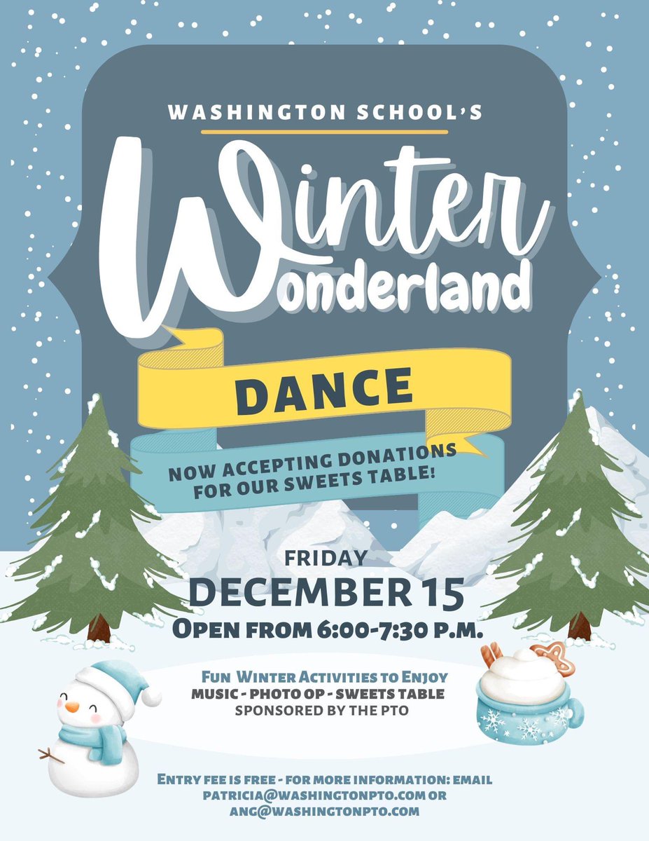 Save the Date! The Winter Wonderland Dance is on December 15 from 6-7:30 p.m. ❄️☃️ If you want to donate items for the sweets table, please drop them off on December 15! <a href="/PTOGlenview/">Washington School PTO Glenview</a> <a href="/WashingtonSch63/">Washington School</a>