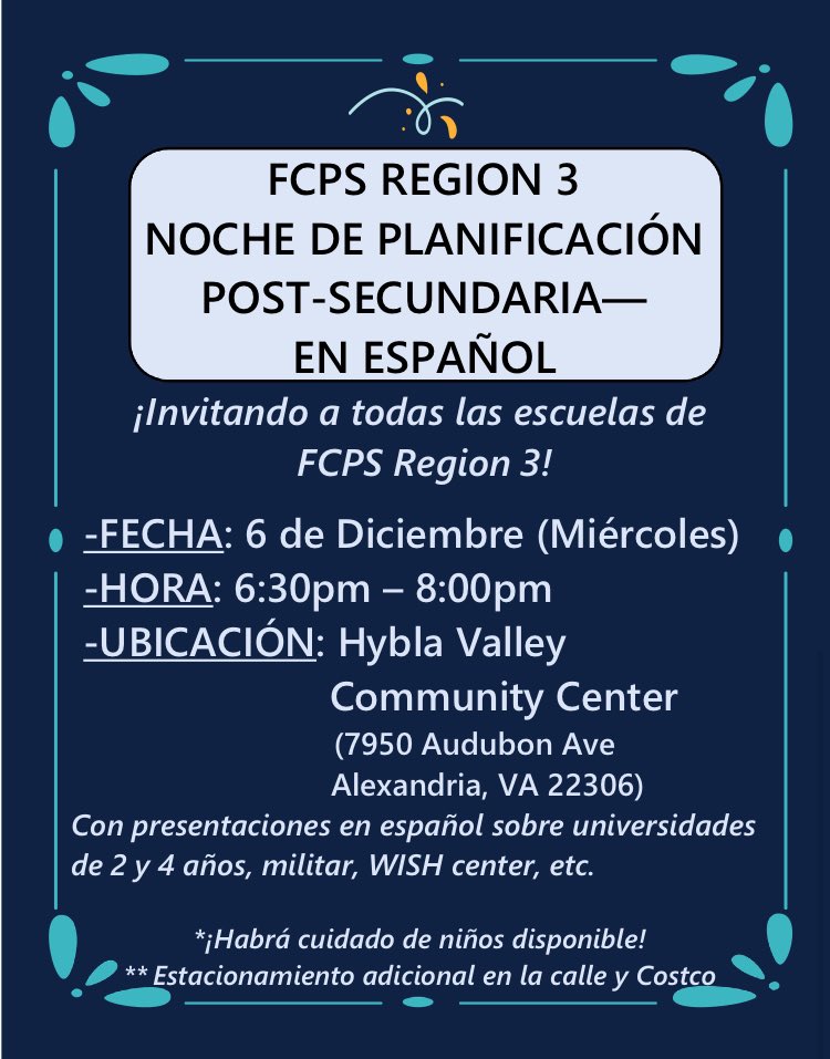 wphsccc's tweet photo. Student Services will host a Region 3 Post Secondary Night IN SPANISH for all Spanish-speaking families. Open to grades 9-12. See flyers for details! @theWPboard @WPHSSS @FCPSR3 @FCPSRegion6 https://t.co/LLvRVmTwkb