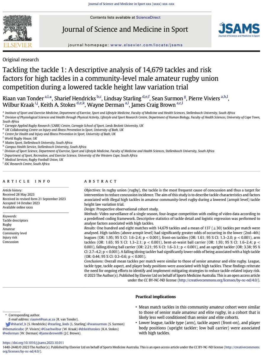 New Paper: Tackling the tackle 1 - descriptive analysis of 14,679 tackles & risk factors for high tackles in a community-level male rugby during a lowered tackle height law variation trial by @RiaanvanTonder1 @jamesbrown06 sciencedirect.com/science/articl… 🏉🔬