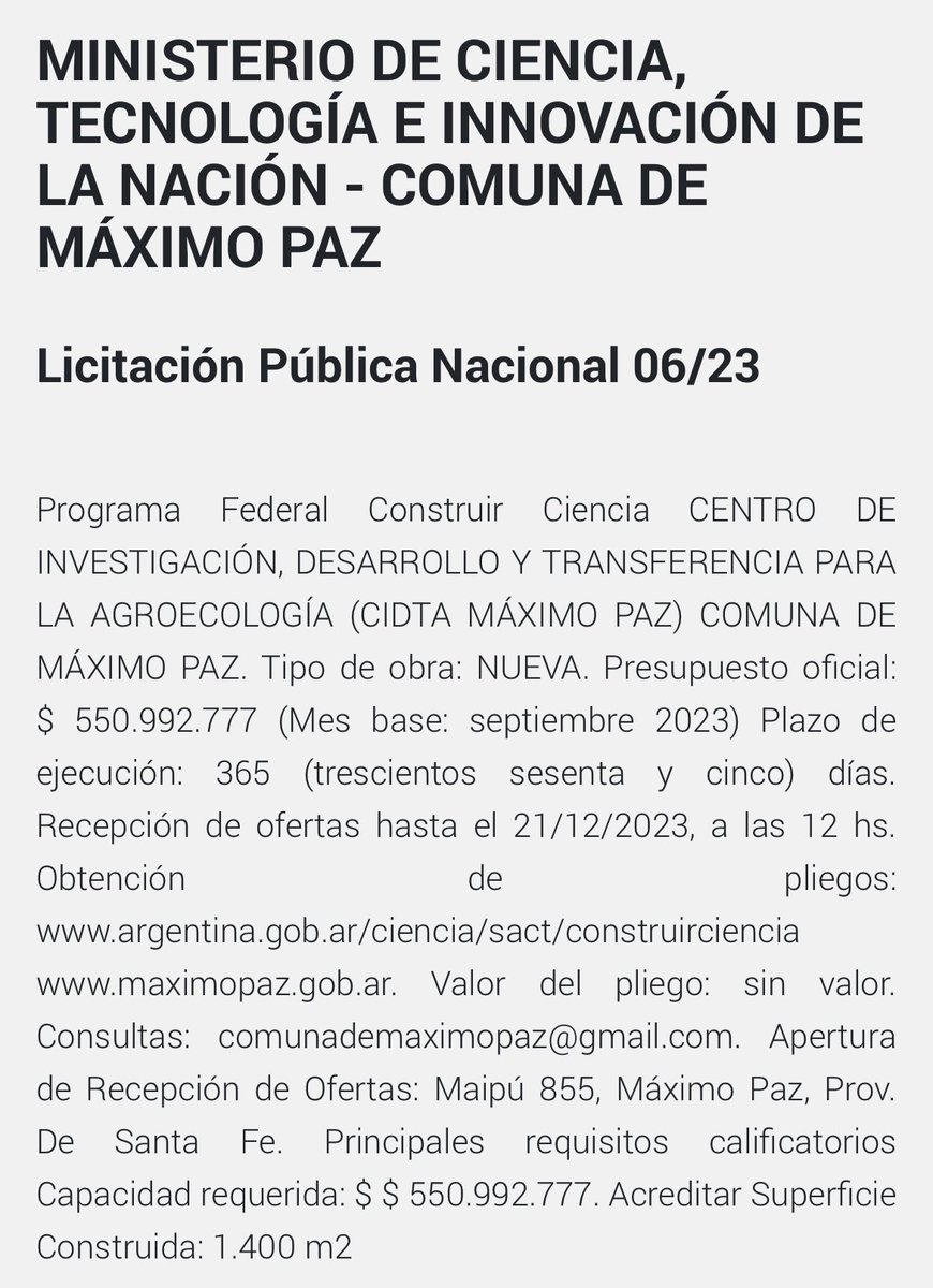 FilmusDaniel's tweet photo. Continúa abierto el llamado a licitación pública para la construcción del Centro de Investigación, Desarrollo y Transferencia para la Agroecología en #MaximoPaz
Una obra del programa federal #ConstruirCiencia del Ministerio de @ciencia_ar
https://t.co/a649YAvSgn https://t.co/5r8mzjfcH9