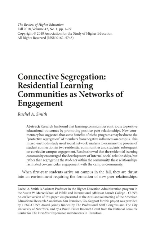 Review of Higher Education (@rhe_ashe) on Twitter photo In this mixed-method study, the residential learning community performed a "connective segregation" function, helping students to form ties w/ one another & engage w/ the broader campus environment. Read <a href="/IowaStateU/">Iowa State University</a> Dr. Rachel A. Smith's #RHE article: muse.jhu.edu/pub/1/article/… In this mixed-method study, the residential learning community performed a "connective segregation" function, helping students to form ties w/ one another & engage w/ the broader campus environment. Read <a href="/IowaStateU/">Iowa State University</a> Dr. Rachel A. Smith's #RHE article: muse.jhu.edu/pub/1/article/…