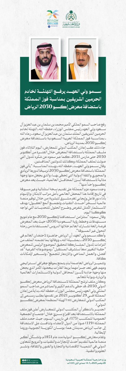 KSAMOFA's tweet image. سمو #ولي_العهد يرفع التهنئة لـ #خادم_الحرمين_الشريفين بمناسبة فوز المملكة باستضافة معرض إكسبو 2030 في مدينة الرياض 🇸🇦
#الرياض_اختيار_العالم 
#الرياض_ترحب_بالعالم 
#الرياض_إكسبو2030
#RiyadhExpo2030