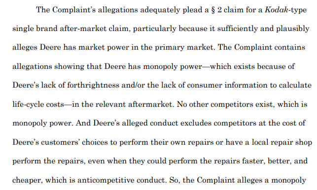 Last night a northwest IL federal judge denied a motion from @JohnDeere to toss out a major antitrust class action suit. The suit accuses Deere of withholding the software tools needed to repair its products from farmers and independent repair shops. @CourthouseNews