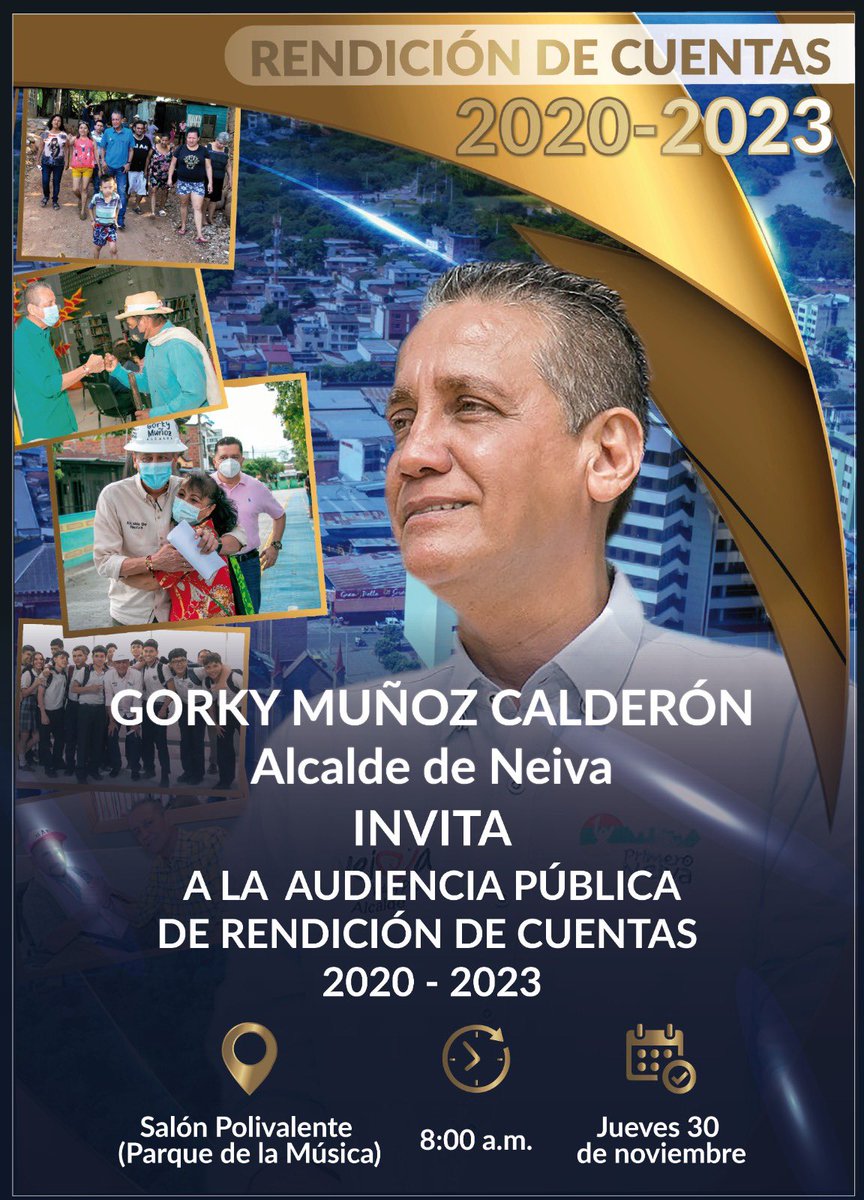 Neivanos, los invitamos a participar de la Audiencia Pública de Rendición de Cuentas de nuestro periodo de gobierno, que se realizará este jueves 30 de noviembre.

Los esperamos en el Salón Polivalente del Parque de la Música. 

⏰ 8:00 a.m.