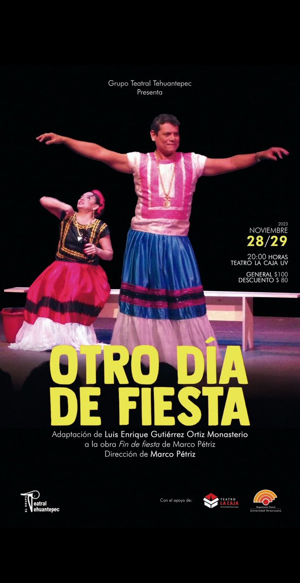 ciateatrouv's tweet photo. 🎭 El Grupo Teatral Tehuantepec presenta: 𝐎𝐭𝐫𝐨 𝐝𝐢́𝐚 𝐝𝐞 𝐟𝐢𝐞𝐬𝐭𝐚.

Una historia trágica y conmovedora sobre la amistad, la marginación, la discriminación, la violencia de género y la homofobia, protagonizada por dos personajes socialmente vulnerables. https://t.co/0URo4lEPSC