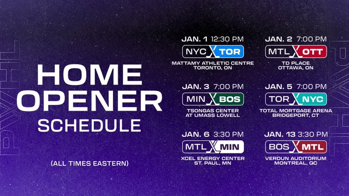 Graphic announcing the six home openers for the first PWHL season. 
TOR vs NYC: Jan. 1, 12:30pm ET at Mattamy Athletic Centre
OTT vs MTL: Jan. 2, 7pm ET at TD Place
BOS vs MIN: Jan. 3, 7pm ET at Tsongas Center at UMass Lowell
NYC vs TOR: Jan. 5, 7pm ET at Total Mortgage Arena
MIN vs MTL: Jan. 6, 3:30pm at Xcel Energy Center
MTL vs BOS: Jan. 13, 3:30pm ET at Verdun Auditorium 