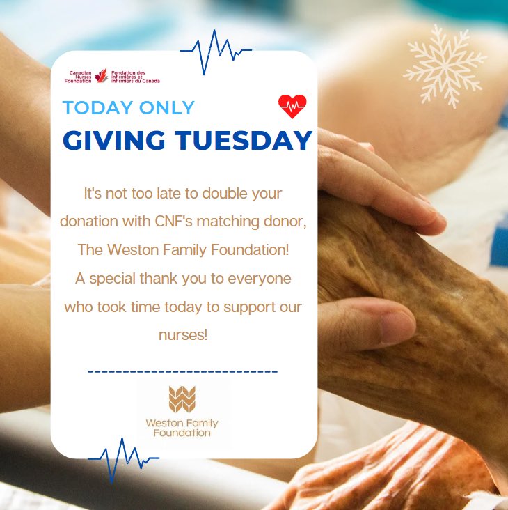 The Weston Family Foundation is matching all donations made to CNF TODAY ONLY up to $50,000! Join us in supporting mental health initiatives for our nurses who are always there when we need them the most. #GivingTuesday