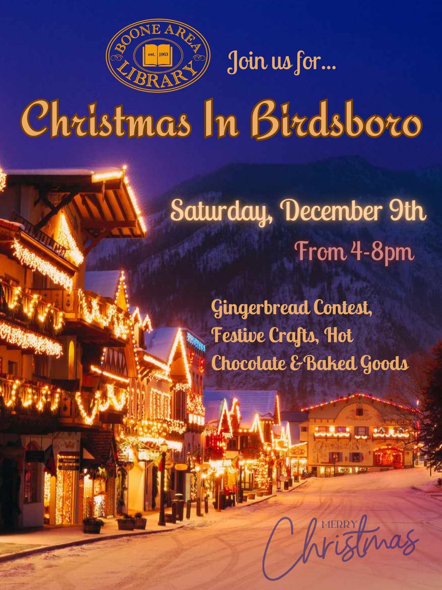 BooneAreaLib's tweet image. December 9th we are open 9am - 8pm! Stop by during Christmas in Birdsboro for fun activities, hot chocolate, gingerbread contest, and most importantly, warmth! See you there!