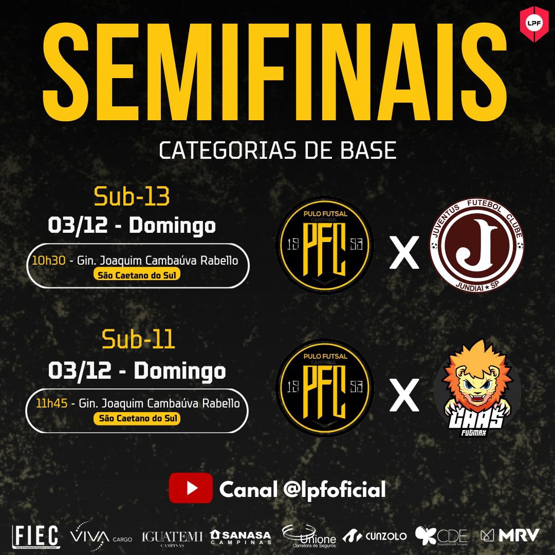 PuloCampinas's tweet photo. Chegou a hora das semifinais para as nossas categorias de base na Liga Paulista Júnior de Futsal! 🟡⚫️

Os confrontos acontecem neste domingo, no Ginásio Joaquim Cambaúva Rabello, na cidade de São Caetano do Sul, e contamos com a sua torcida. https://t.co/BMUhHYnnwa