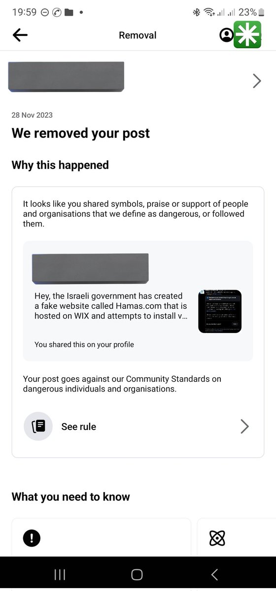 🧑🏾‍💻 <a href="/facebook/">Facebook</a> is taking down content that tries to warn uses of the Israeli government's fake H*mas website that also infects visitors with viruses.

While it violates freedom of expression, it is fundamentally unsafe! As the community is now not allowed to keep the community safe