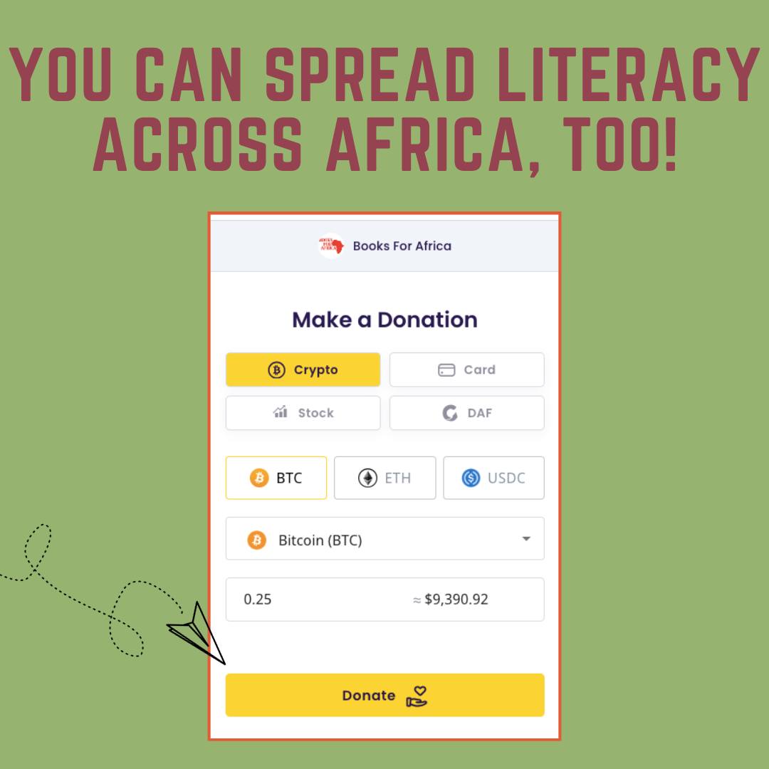 Give the gift of knowledge through cryptocurrencies like Bitcoin, Ethereum, and more. Your crypto donation today opens doors to education for countless African readers. Let's make this Giving Tuesday unforgettable! 📷📷 #CryptoGivingTuesday #BooksForAfrica #thegivingblock