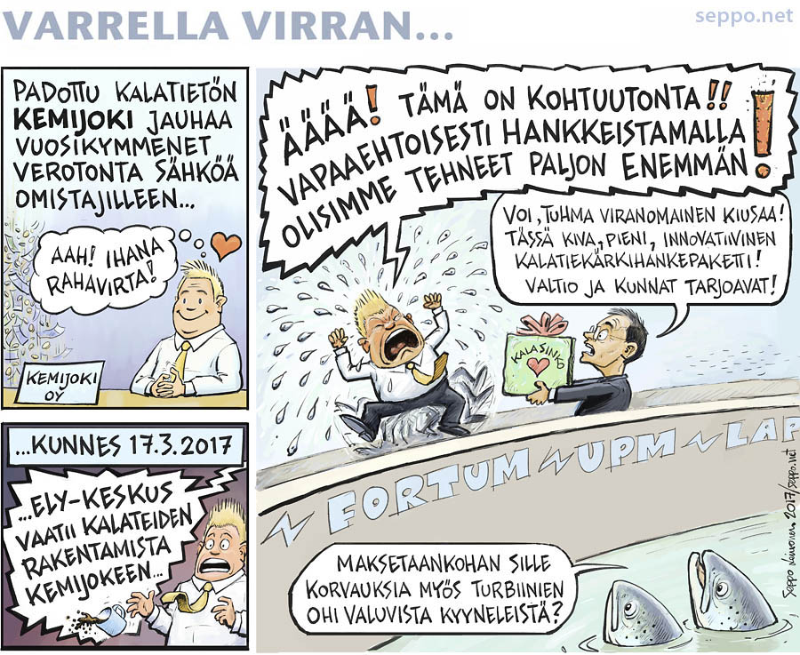 Muistutuksena taas tämä mainio <a href="/sepponet/">Seppo mstdn.social/@sepponet</a> piirros <a href="/KemijokiOy/">Kemijoki Oy</a>:stä, joka taistelee ELY-keskusta vastaan isäntänsä <a href="/Fortum_Oyj/">Fortum Suomi</a> kanssa. 

seppo.net/piirrokset/dis…