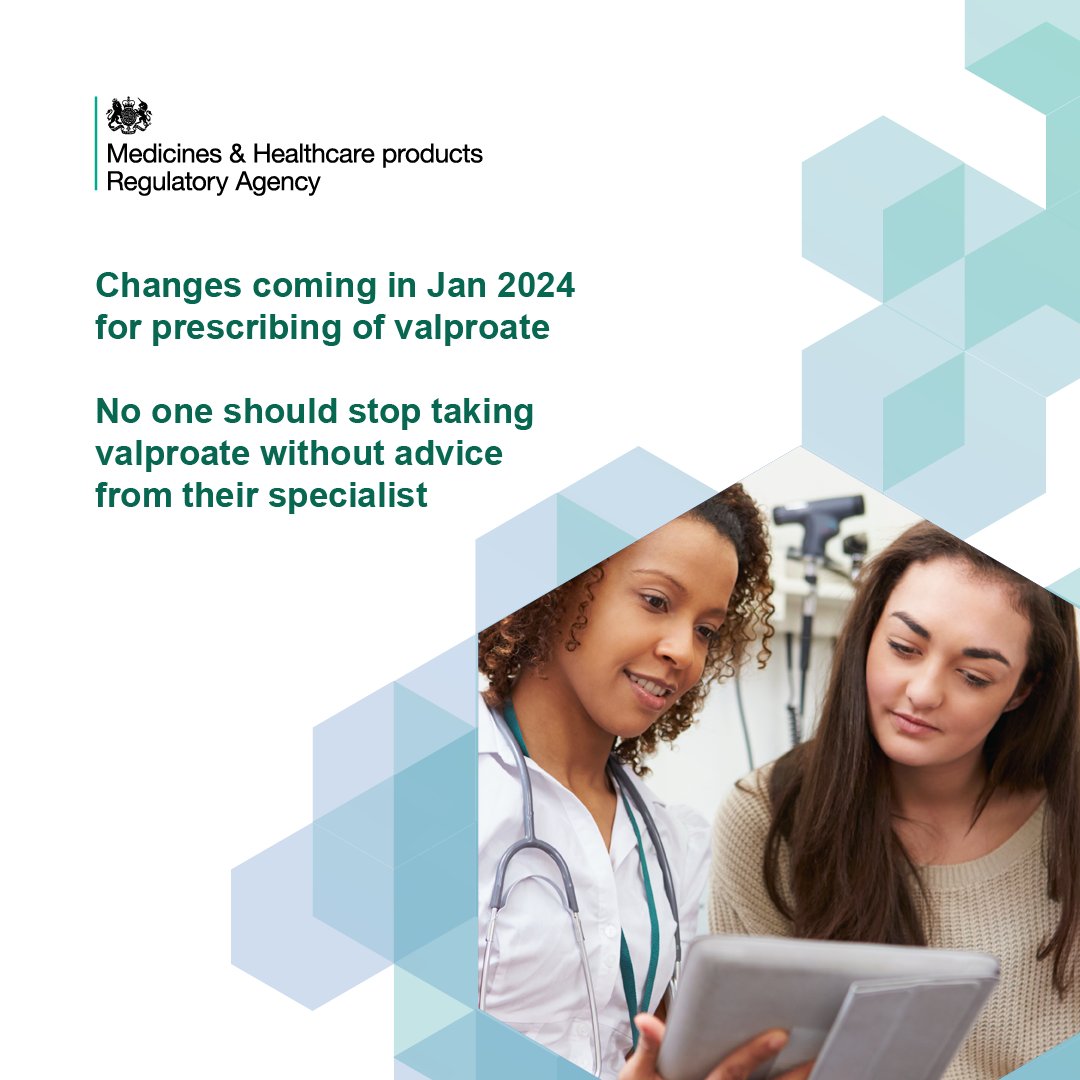 MHRAgovuk's tweet photo. From January 2024, there will be changes in the way valproate is prescribed. 

No one should stop taking valproate without advice from their specialist.

Read more here 🔗 https://t.co/BltA7RaKDL https://t.co/gu8O56dOrN