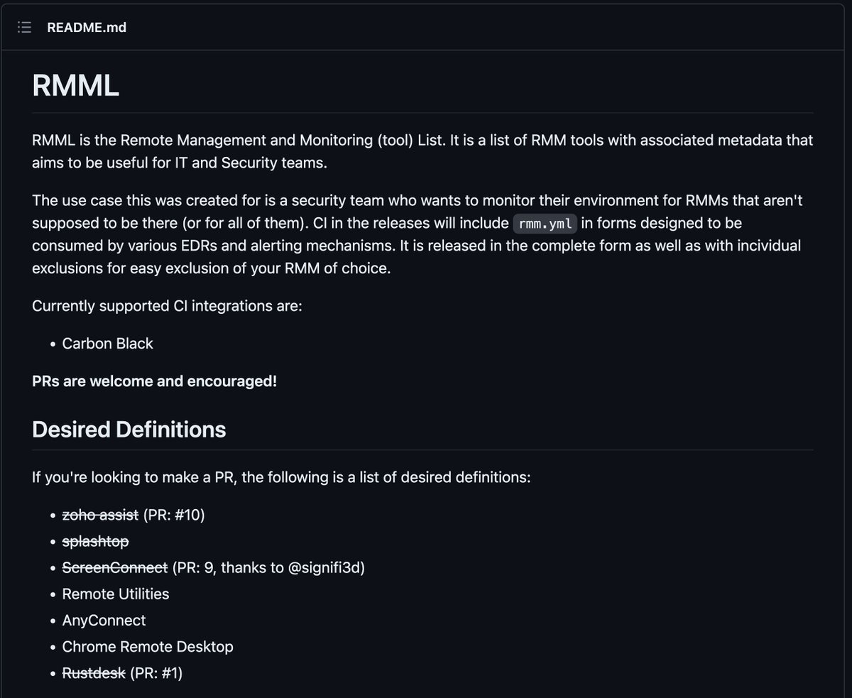 cyb3rops's tweet photo. RMML 

A list of Remote Management and Monitoring (RMM) tools designed to be used in automation to build alerts

> nice project: we should create more project like this

by Jeremy Mill

https://t.co/Cl7cM3cx4f https://t.co/uwBVeVBgta