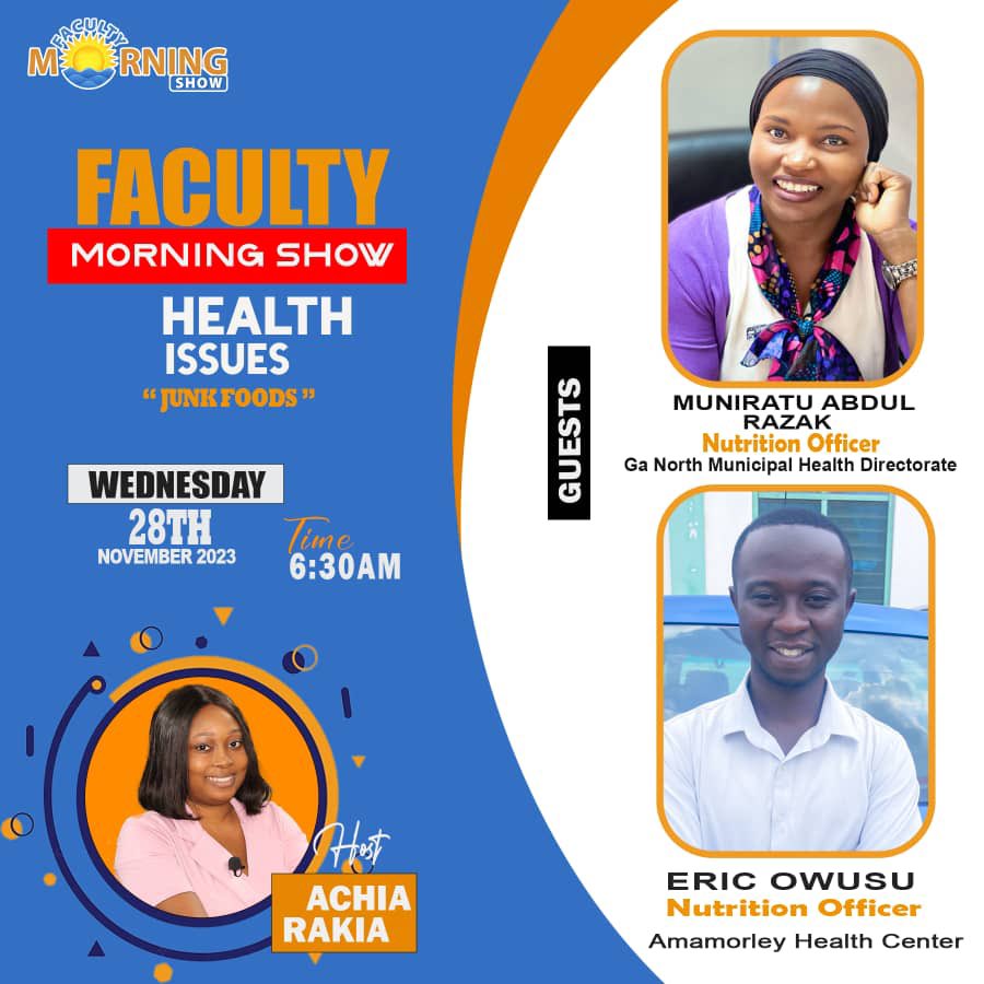 FACULTY_TV's tweet photo. Make a date with Achia Rakia and our Guests; Muniratu Abdul Razak and Eric Owusu both Nutrition Officers on our Twitter live Space tomorrow morning @6:30am sharp.
#HealthIssues #junkfood #healthychoices #facultytv #TrendingIssues https://t.co/4vcaoLGlM6