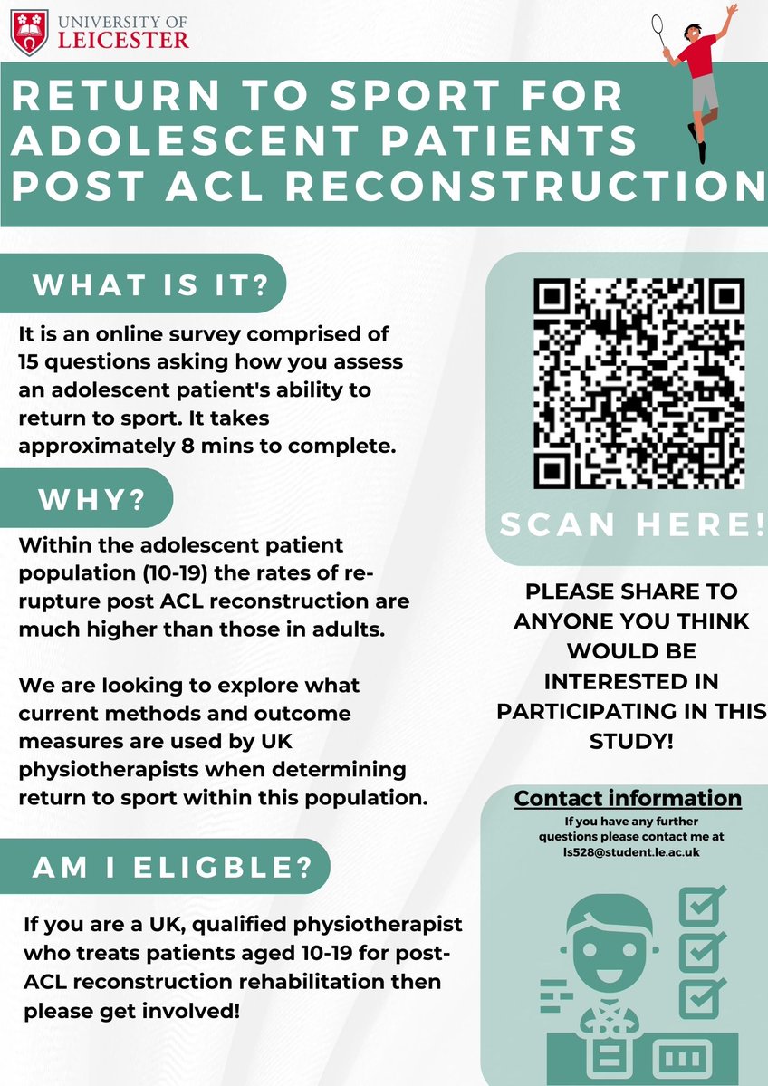 🛑If you're involved with ACL rehab with patients aged 10-19 🛑 

🏃I'd like to hear from you as part of my undergraduate dissertation! 👂

💥Please share💥

📋Access Link📋 - app.onlinesurveys.jisc.ac.uk/s/leicester/an… 

<a href="/thecsp/">Chartered Society of Physiotherapy (CSP)</a> <a href="/thecspstudents/">CSP Students</a> <a href="/TheAPCP/">TheAPCP</a> <a href="/WorldPhysio1951/">World Physiotherapy</a>