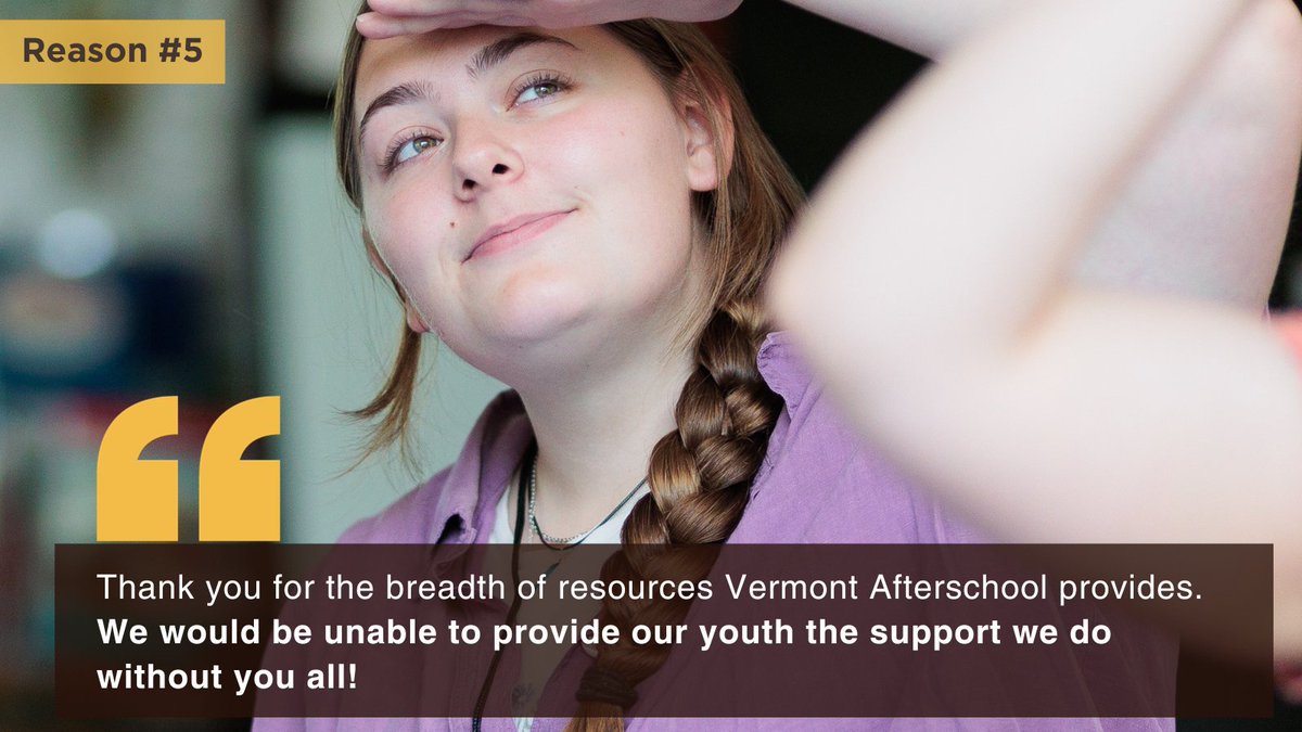 When you make a tax-deductible gift to Vermont Afterschool, you are allowing us to remain the go-to resource & advocate for afterschool & summer-learning professionals. That’s reason #5 to give.❤️ Donate today @ bit.ly/GiveVTA. #Vermontyouth #GivingTuesday2023 #giveback