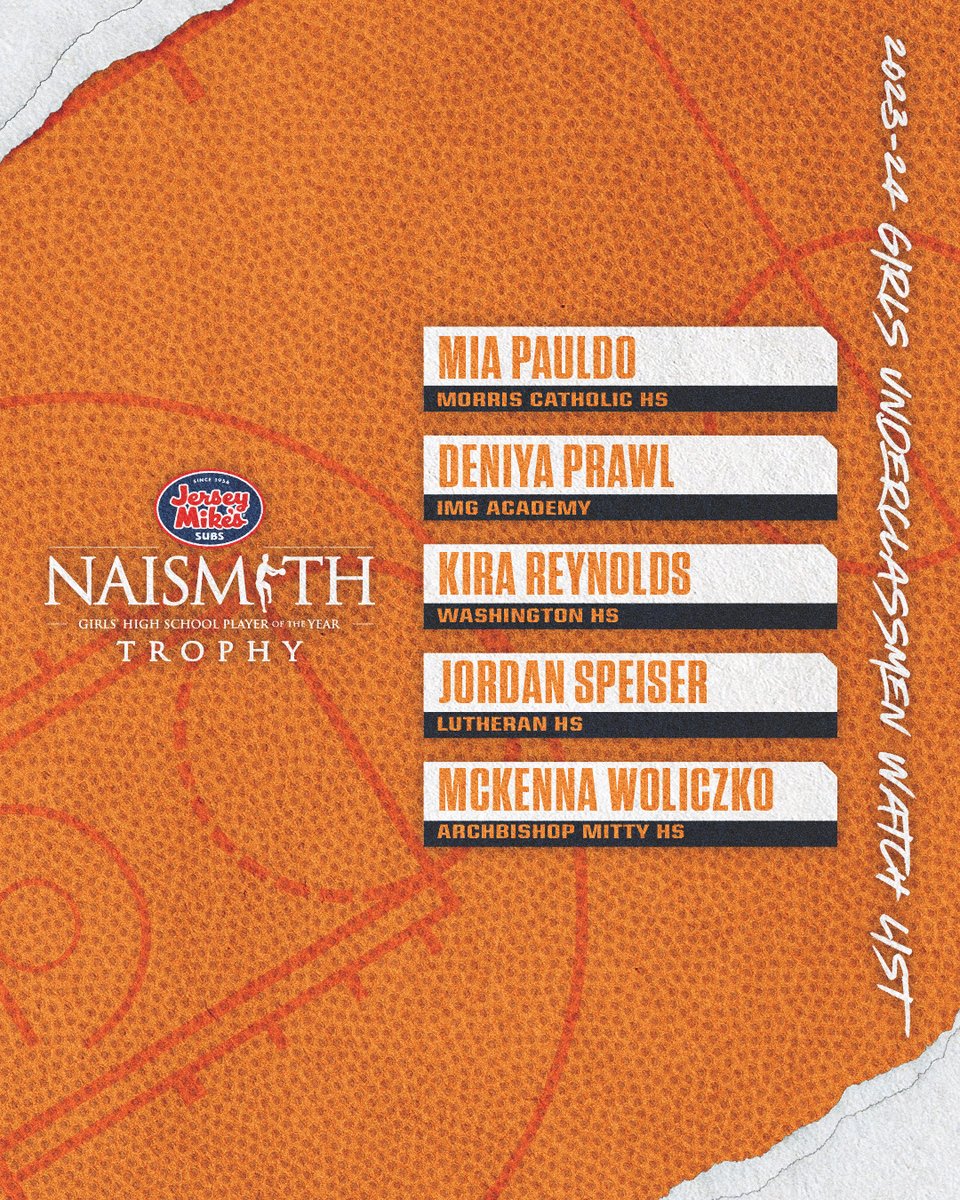 🚨 IT IS HERE 🚨 Introducing the 2023-24 @jerseymikes Naismith Girls' Underclassmen Watch List 🔥 #JerseyMikesNaismith Scroll to see more 👀 ➡️ naismithtrophy.com/2023-24-jersey…