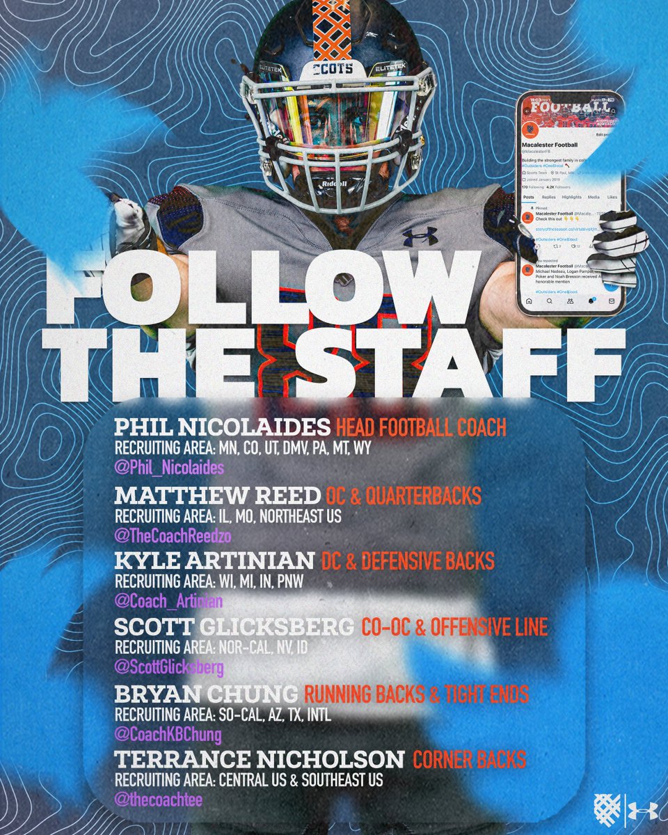 Follow the Macalester Football Coaching Staff on Twitter! 🪓 Coach Nicolaides | @Phil_Nicolaides Coach Reed | @TheCoachReedzo Coach Artinian | @Coach_Artinian Coach Glicksberg | @ScottGlicksberg Coach Chung | @CoachKBChung Coach Nicholson | @thecoachtee #Outsiders #OneBlood