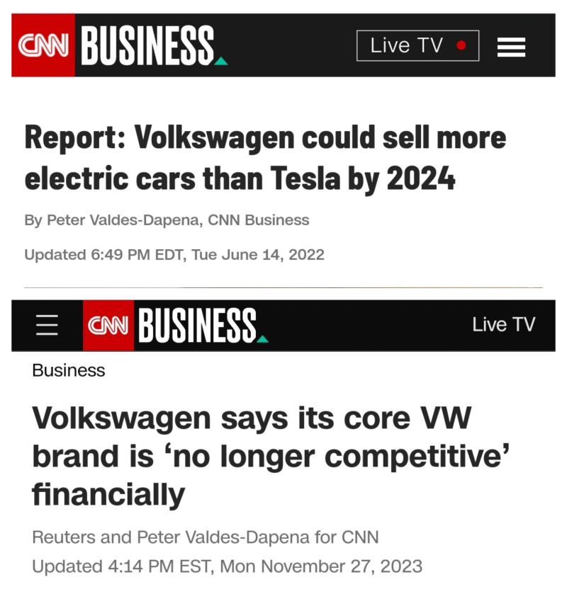 alex_avoigt's tweet photo. In just 2 years VW went from 'We overtake Tesla' to 'We are no longer competitive'!

I warned for 10 years with endless articles, newsletters, and tweets, have been attacked, threatened, smeared, laughed at, insulted, and ridiculed by media, industry, analysts, investment funds and so-called industry experts and here we are:
 $tsla @VW