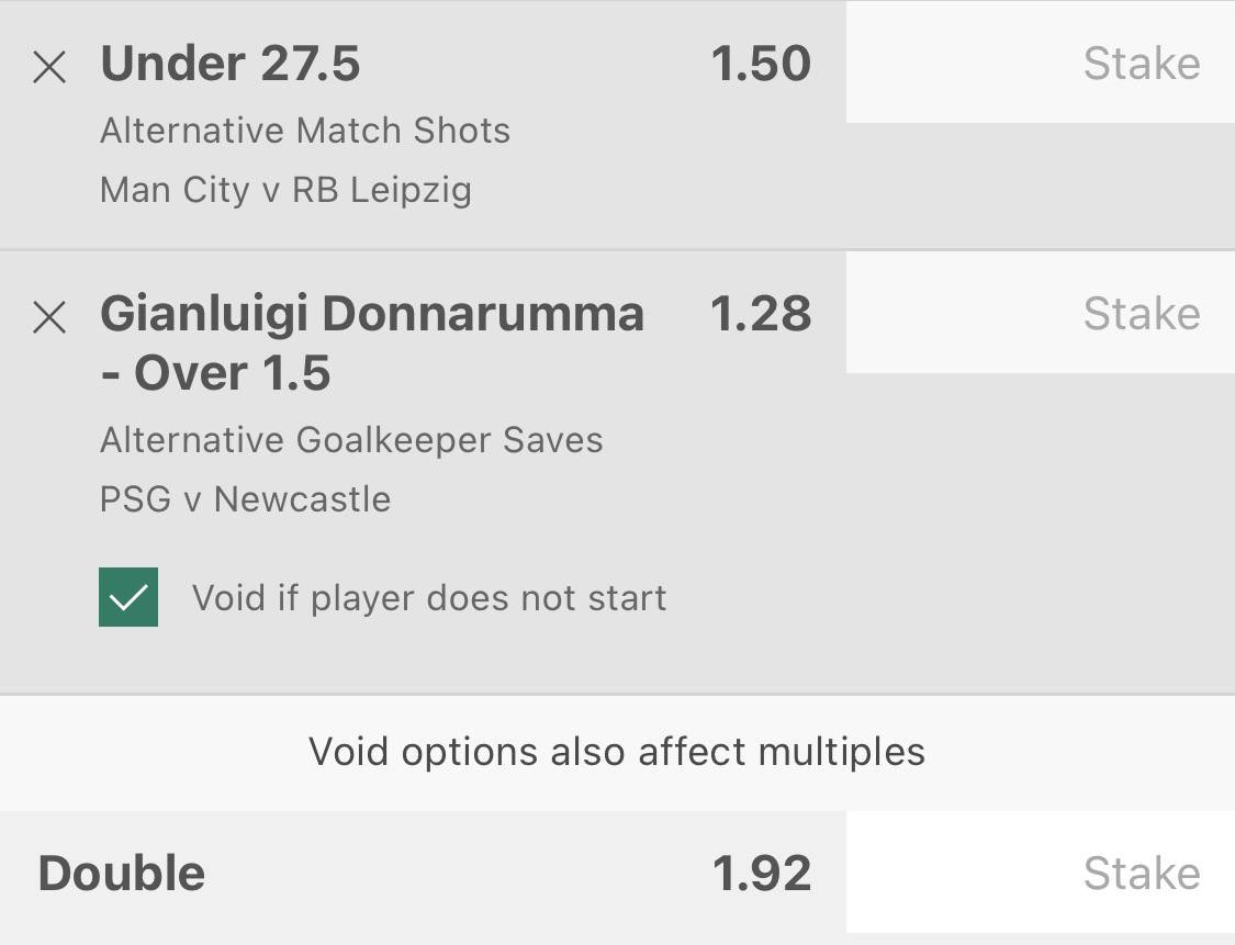TipsterCharlie's tweet photo. 🇪🇺 Double

Manchester City vs RB Leipzig - Under 27.5 Match Shots

PSG vs Newcastle - Gianluigi Donnarumma Over 1.5 Saves

Stake 1u @ 1.92

City Match Shots in the Etihad -
24,26,15,17,13,21,28,22,22,22,18,23,21,26,16,23,24

Donnarumma Saves -
5,6,6,2,3,4,1,3,5,3

City Home games have seen under 27.5 shots in 16 of the last 17 with the only exception having 28 shots. This selection has won all 3 times the sides have played in the last year. 

Donnarumma with 2+ saves in 9 of his last 10. Most of these opponents are significantly worse than Newcastle also. The only team in this time he made less than 2 against was Strasbourg, who average the fewest shots on target in Ligue 1. He made 5 saves in the reverse fixture, even with Newcastle scoring 4 goals.
