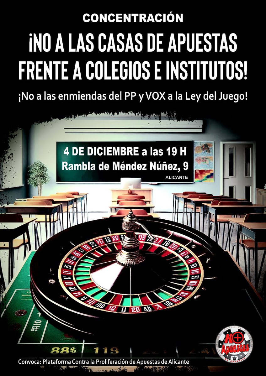 PP y Vox presentan enmiendas en las Cortes para cambiar la norma del anterior Consell que prohíbe tragaperras a 850m. de colegios.

Han venido para defender a las empresas y no a los menores y jóvenes y a sus familias que sufren la ludopatía.
Se vota el día 5 así que
¡A DIFUNDIR!