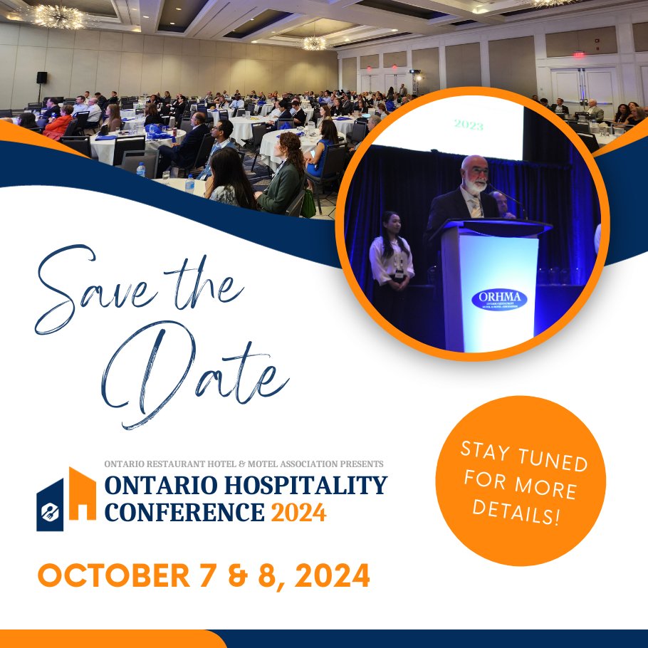 SAVE THE DATE! 

@ORHMA is hosting it's 3rd Ontario Hospitality Conference on October 7 & 8, 2024 at the @SheratonParkway !
Mark your calendars, and stay tuned for this fabulous #hospitality event!!  

#OHC2024 #ORHMA #conference #OHI #staytuned #hospitalityleaders #networking