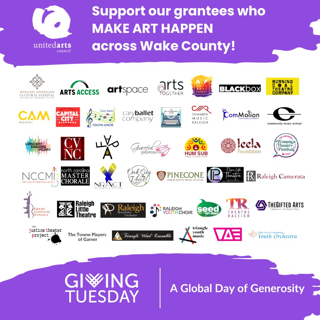 UnitedArtsWake's tweet photo. Happy #GivingTuesday! Support our grantees who #MAKEARTHAPPEN across Wake County! They not only make our community a great place to live but are also important economic drivers! Can't decide who to support? We support them all! https://t.co/3aule53FW9 @wakegov #Arts919 #WakeArts https://t.co/wIJ4h85vLH