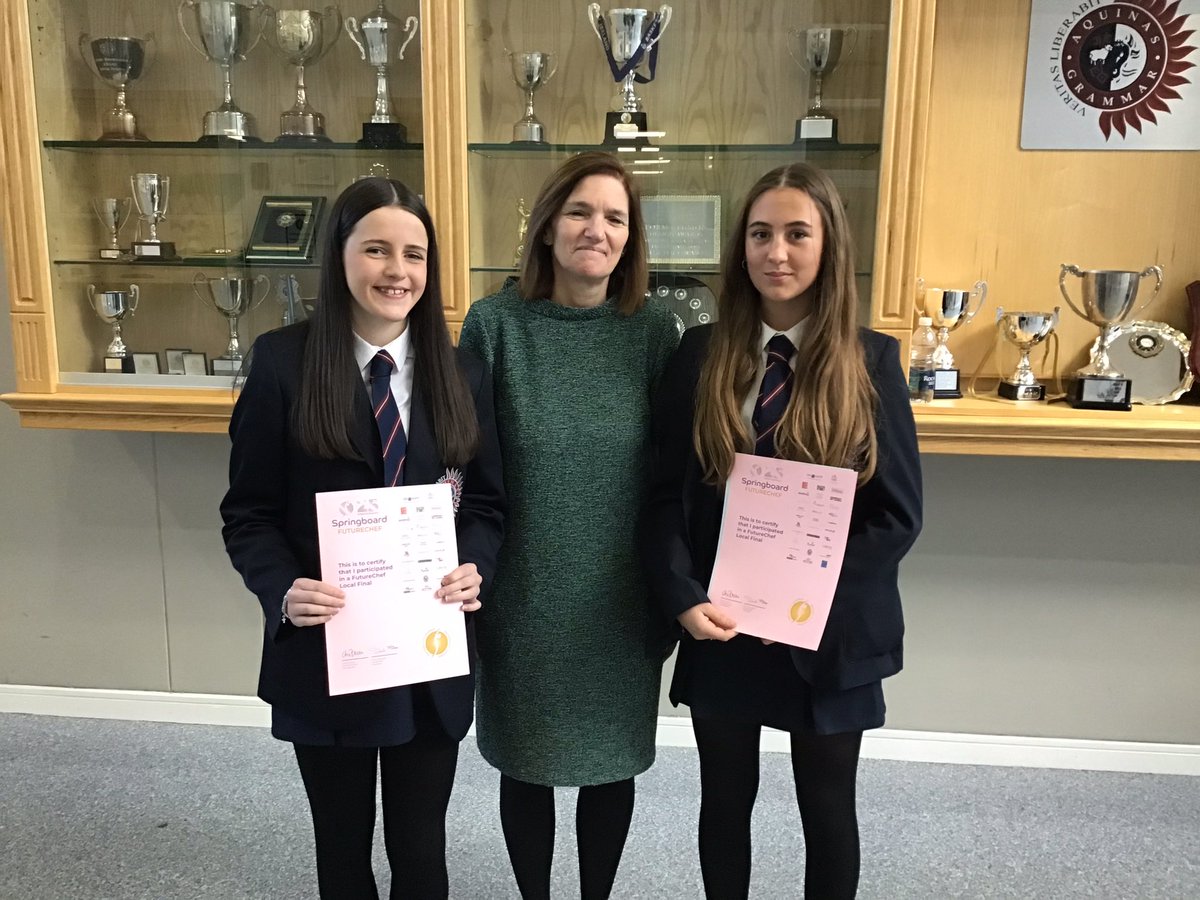 AquinasFandN's tweet photo. Dr Dowling congratulates our Year 11 GCSE Food & Nutrition for participating in the Springboard FutureChef competition. Emily & Orla represented Aquinas in the Belfast Schools Final and were awarded their certificates too. Well done ππ» βοΈ #sbfuturechef https://t.co/dhoaq2rdXL