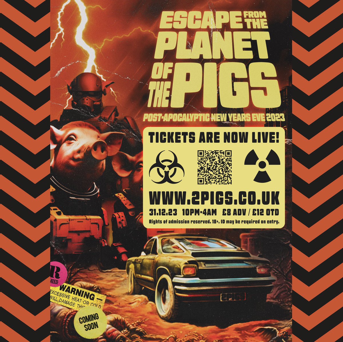 ☢️ ALERT! ALERT! ☢️

NEW YEARS TICKETS HAVE BEEN RELEASED!

THIS IS NOT A DRILL! Head over to 2Pigs.co.uk and snag yours now at a discounted price. If you are listening to this message… you are the resistance! 🤖