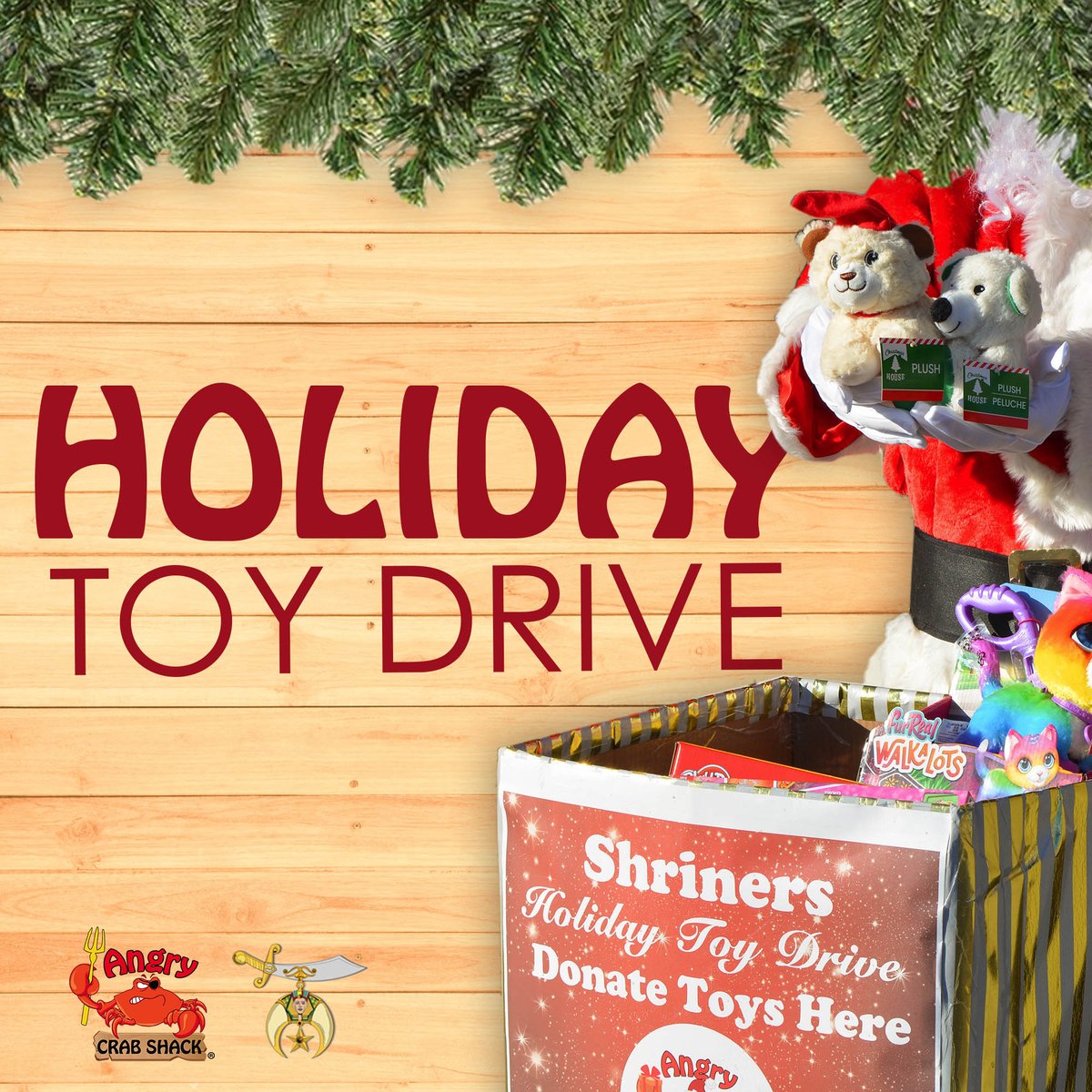 Santa needs your help! 🎅 We are hosting our annual toy drive benefiting Shriners Hospitals for Children. 🧸 #holidaydonations #Crabbing #AngryCrabShack #AzFoodie #Seafoodboil #Holiday #toydrive #toy #giveback #holidayseason #Shriners #Holidaytoydrive #community #christmascheer