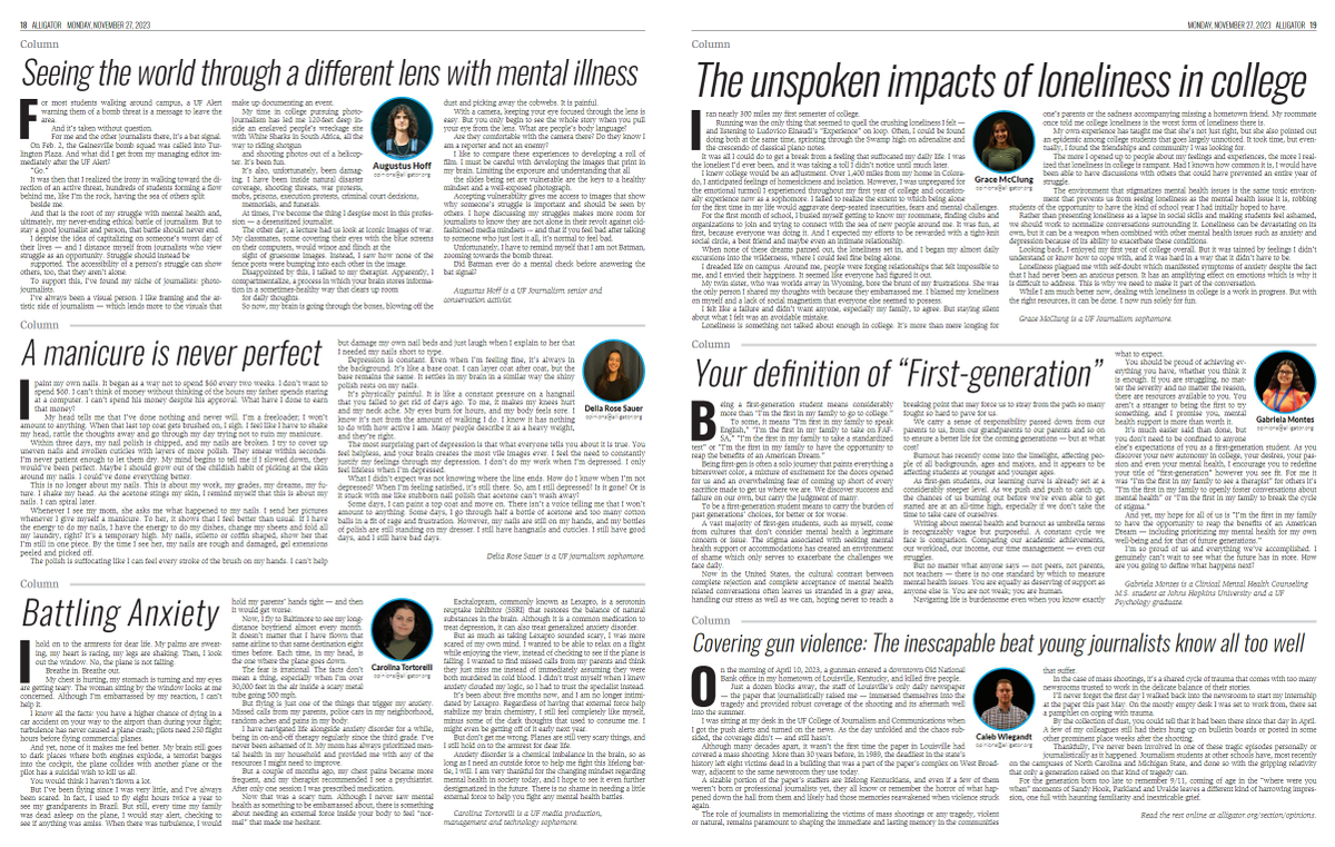 Thinking of my friends back home at the CJ as this one is published. Thanks to @TheAlligator for letting me contribute to the 'Mind Over Stigma' special edition. Read the full version and the rest of the project here: shorturl.at/pqwET