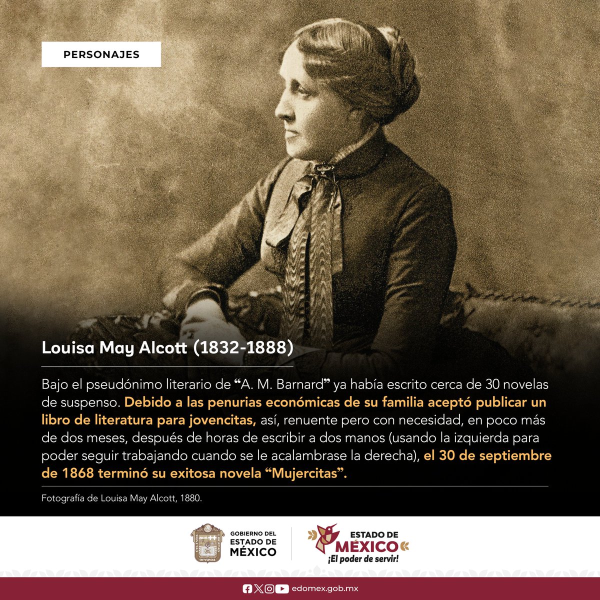 #LouisaMayAlcott nación el 29 de noviembre de 1832, en Germantown, Pensilvania; fue escritora y educadora estadounidense muy conocida por sus libros para adolescentes, especialmente por su clásica novela #Mujercitas. #Cultura #Literatura #AGEMÉX