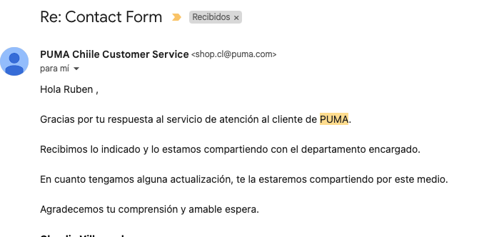 baudio's tweet photo. a 24 horas de haber solicitar la devolución por que cancelaron mi pedido me llega un correo indicando que esta en proceso.. el viejo truco de los SLA y tickets de atención al cliente para ganar tiempo @PUMAChile #BlackFriday 🤣🤣  el departamento encargado demorará otras 24 hrs. https://t.co/sgA5I9gggq