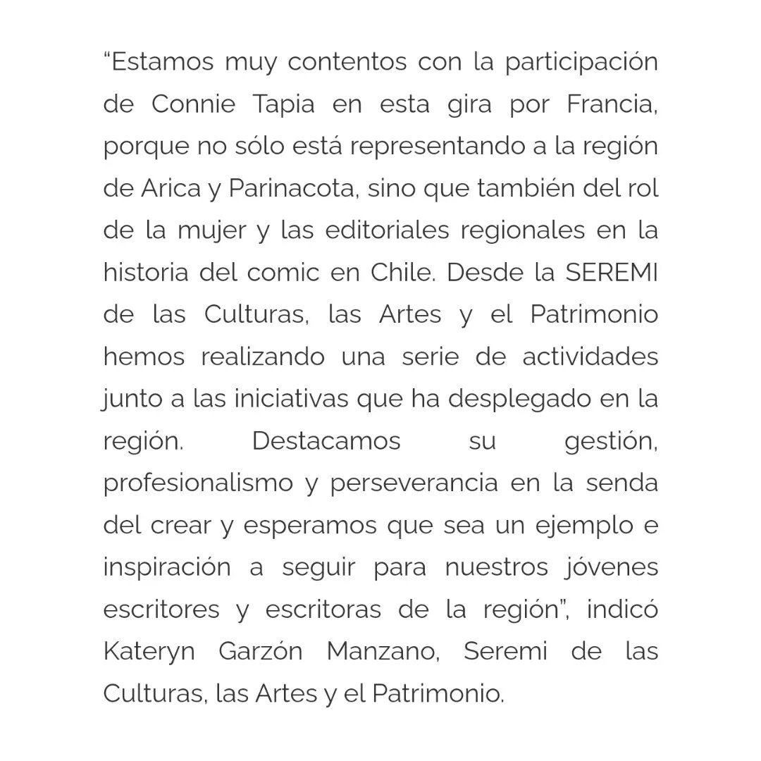 Escritora ariqueña formó parte de la delegación de autores chilenos que realizaron gira en Francia
🗯️Lee la nota completa en Arica informativa 
aricainformativa.cl/contenido/6314…

<a href="/australynorth/">Connie Tapia Monroy</a>
<a href="/Cultura_Arica/">SEREMI_Culturas_Arica</a>
#Bdchilienne #bdboum #prochile #libros #comics #Historietachilena #chile #Francia