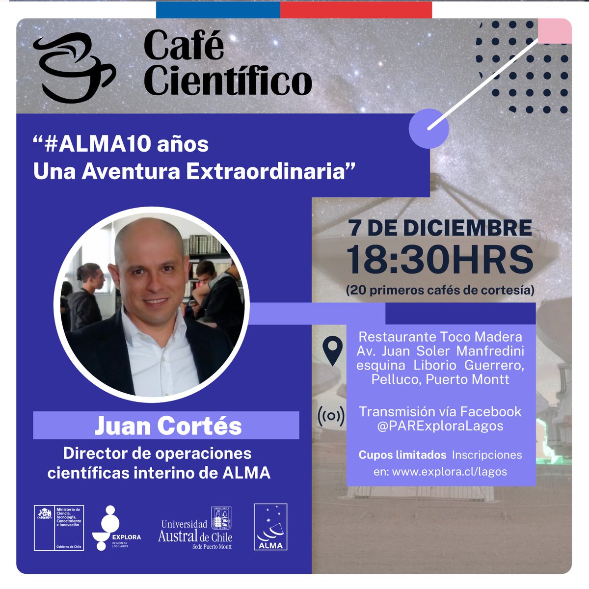 ALMAObs_esp's tweet photo. 📡¡Atención Puerto Montt! #ALMA10
"Celebremos primera década del radiotelescopio ALMA en el Café Científico" 

Con nuestro astrónomo Juan Cortés y junto a los amigos @PARLosLagos 

🔗https://t.co/Dn6thnuIJN https://t.co/whkrtQHiHk