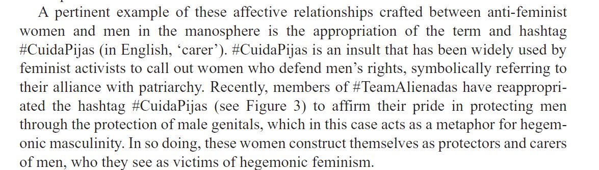 LtAgosta's tweet photo. Mención especial al #CuidaPijas como ejemplo de cómo algunas mujeres del #TeamAlienadas se reapropiaron de un insulto para afirmar su orgullo protegiendo los genitales de los hombres...
-atentos aquí-
...QUE ACTUARÍA como metáfora de masculinidad hegemónica. https://t.co/ciYeZ1Sdn5