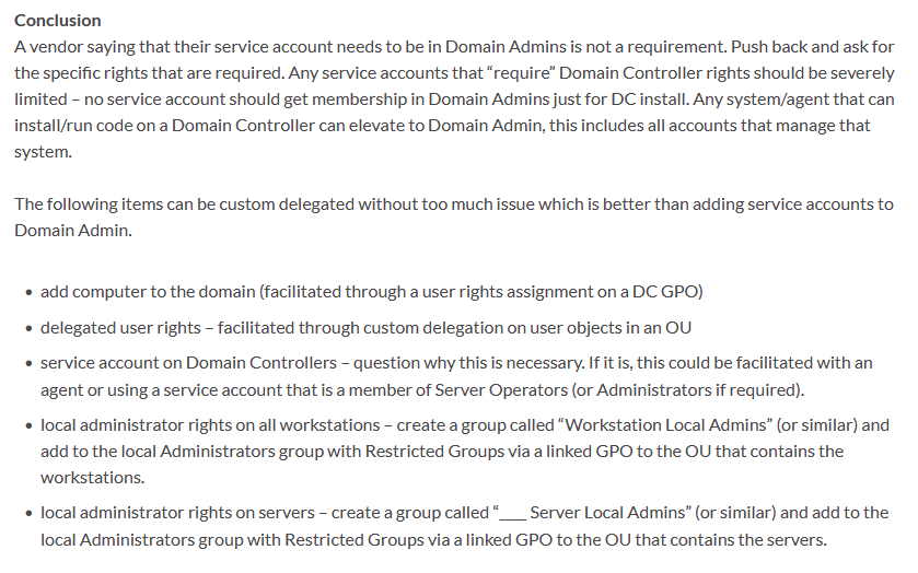 Still dealing with service accounts in Domain Admins?

This ADSecurity.org article covers some ways to reduce service accounts from having DA rights:
adsecurity.org/?p=4115