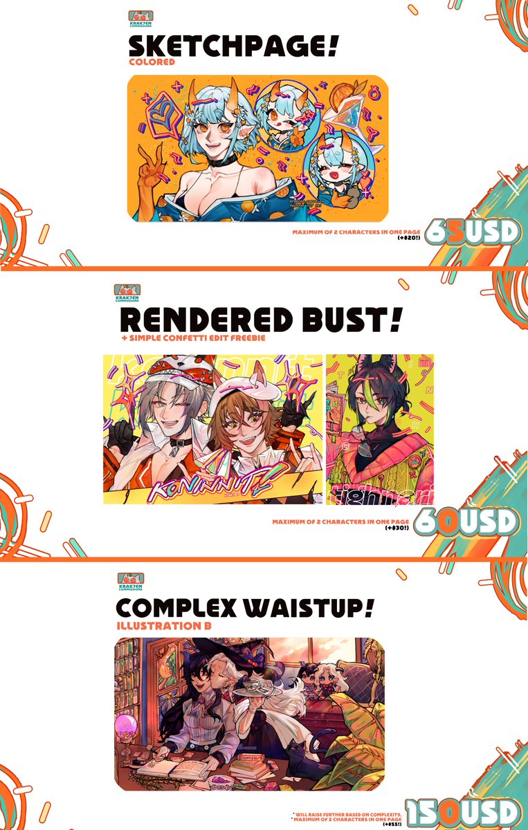 [RTS APPRECIATED 📮🍊] 
hello, #commissions are OPEN again! 
OPEN IMG FOR MORE OPTIONS 🔻

🌱 all details, cuts &amp; how to order at krak7en.carrd.co 
🌱 NOW ALSO OPEN IN VGEN! HELP ME GET VERIFIED AT vgen.co/krak7en
🌱feel free to DM or email for any inquiries!