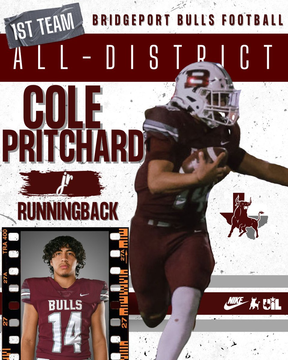 FB_Bulls's tweet photo. Congratulations to our All-District Football Bulls! These players were recognized by the opposing coaches for doing a great job in district play.
1st Team
Travis Horne - Center
Cole Pritchard - Running Back
Joey Vasquez - Inside Linebacker
#btb #buhd https://t.co/EJqR63rGce