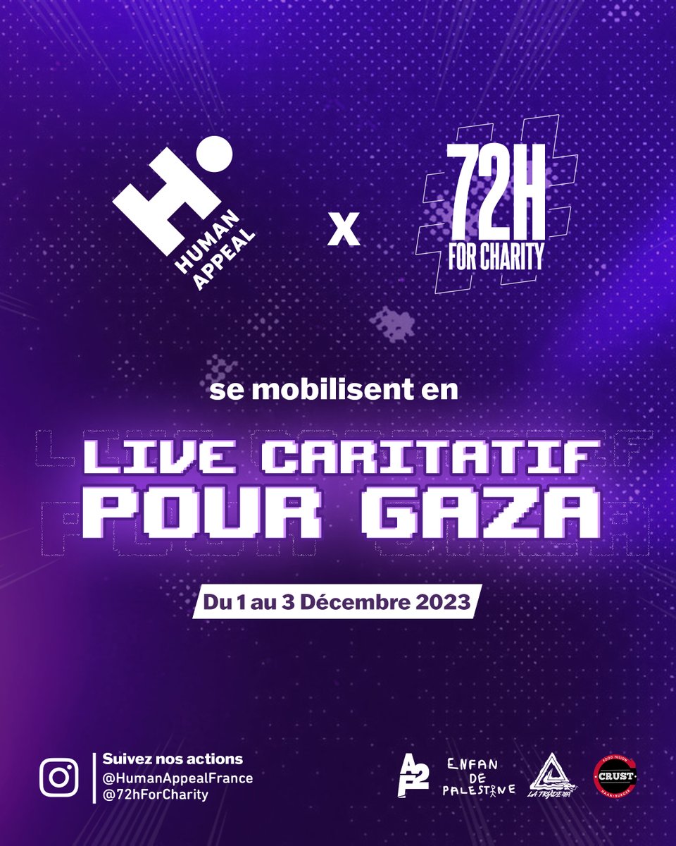ÉVÉNEMENT CARITATIF POUR GAZA.🇵🇸

C'est avec une immense joie que nous vous confirmons le déroulement de notre événement le week-end du 1er au 3 décembre en collaboration avec <a href="/HumanAppealFR/">Human Appeal France</a> !💜

À vendredi tout le monde !💚
#72HForCharity