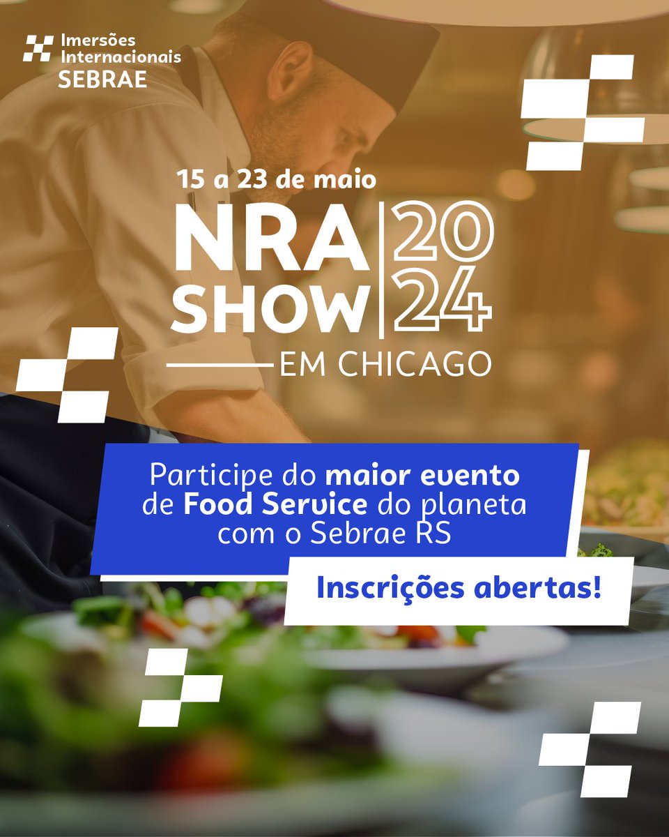 ✈ Prepare-se para transformar o seu negócio!​
​
A Imersão Sebrae na NRA Show 2024 te leva para a maior feira de alimentos e bebidas do mundo!

Serão 7 dias de imersão para você ficar frente a frente com gigantes do mercado.

Quer saber mais? Acessa: sebrae.rs/NRASHOW2024