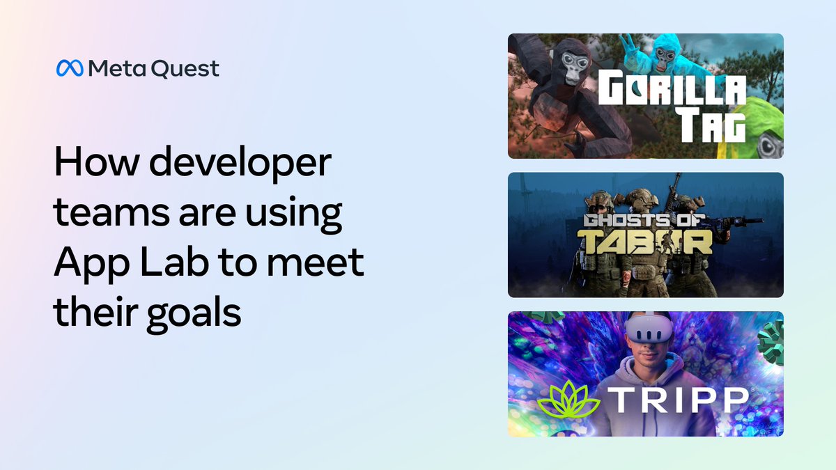 MetaHorizonDevs's tweet photo. Learn how to use App Lab to accelerate your development journey and grow an audience for your app. Hear how developers are using the platform for experimenting, scaled testing, collecting feedback, and iterating to meet their goals. Read the blog: https://t.co/TrvMH2mBuP https://t.co/xgND9TKp50