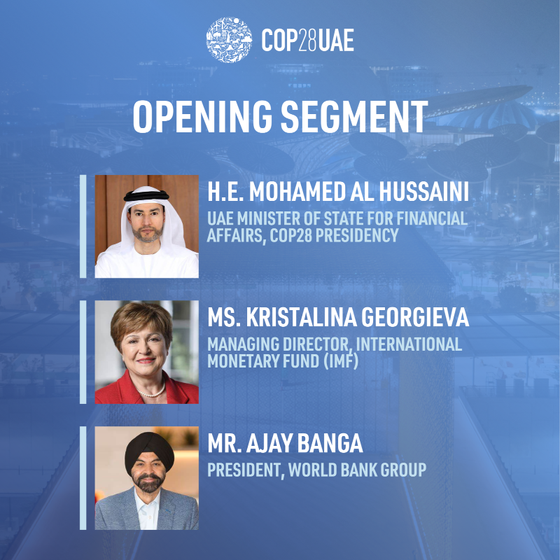 COP28_UAE's tweet photo. This flagship COP28 Presidency event will bring together heads of key international financial institutions particularly MDBs, IMF & multilateral climate funds to showcase concrete progress on the agenda of IFI reform.
*Everyone with blue zone accreditation is welcome to attend.