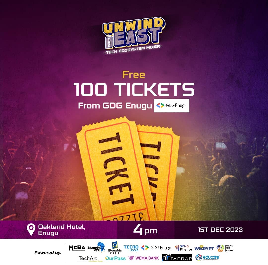 We'll be giving out 100 free tickets to the Unwind the East event coming up on the 1st of December at Oakland Hotel Enugu.

To claim one;
- Be an official community member of GDG Enugu platform.
- Follow our Twitter account.
- Send a DM with your full name and email.