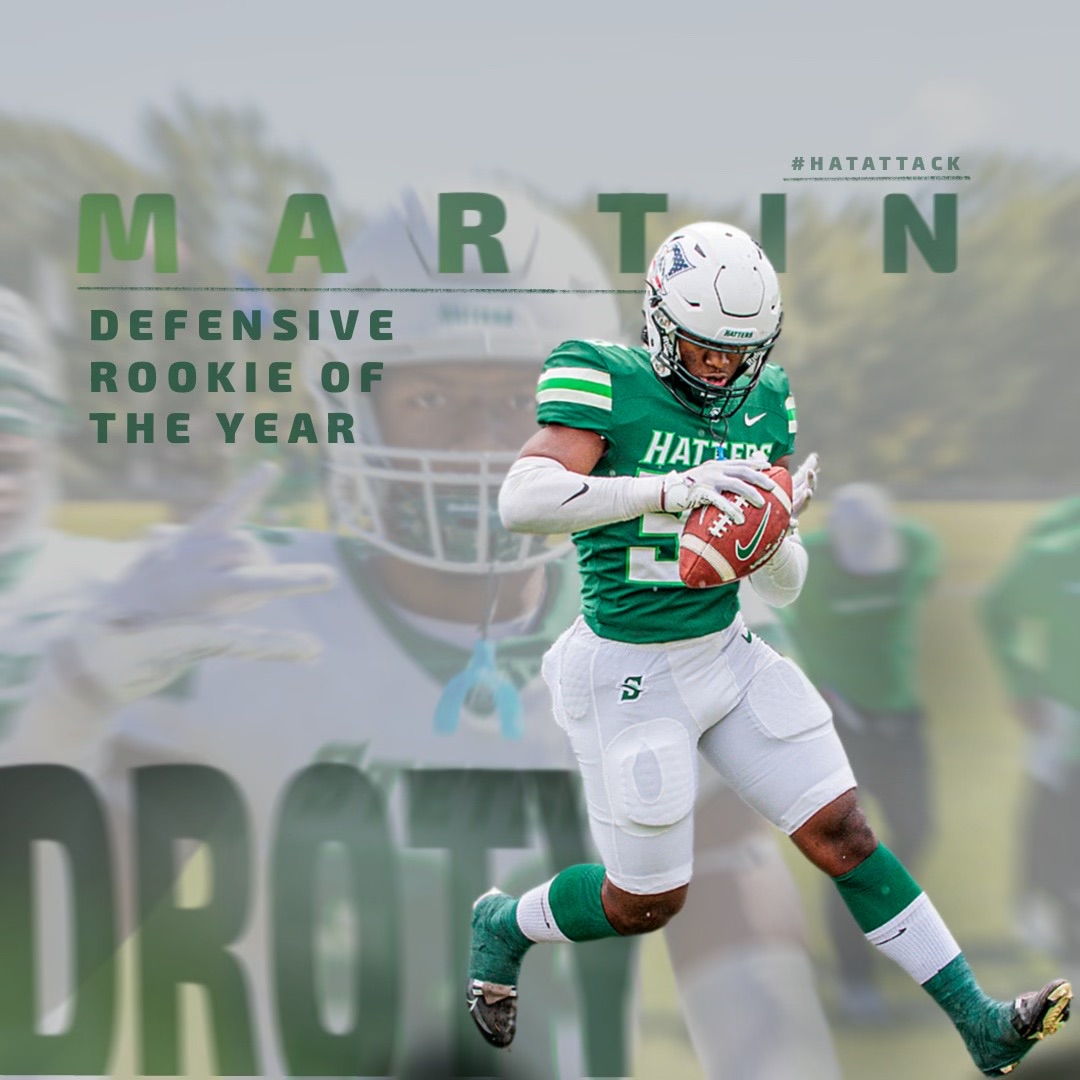 𝙊𝙉 𝙇𝙊𝘾𝙆! 🔒 Andrew Martin proves to be dominant this year as he earns the title of Pioneer Football League's (@pflnews) Defensive Rookie of the Year! #HatAttack | @StetsonHatters