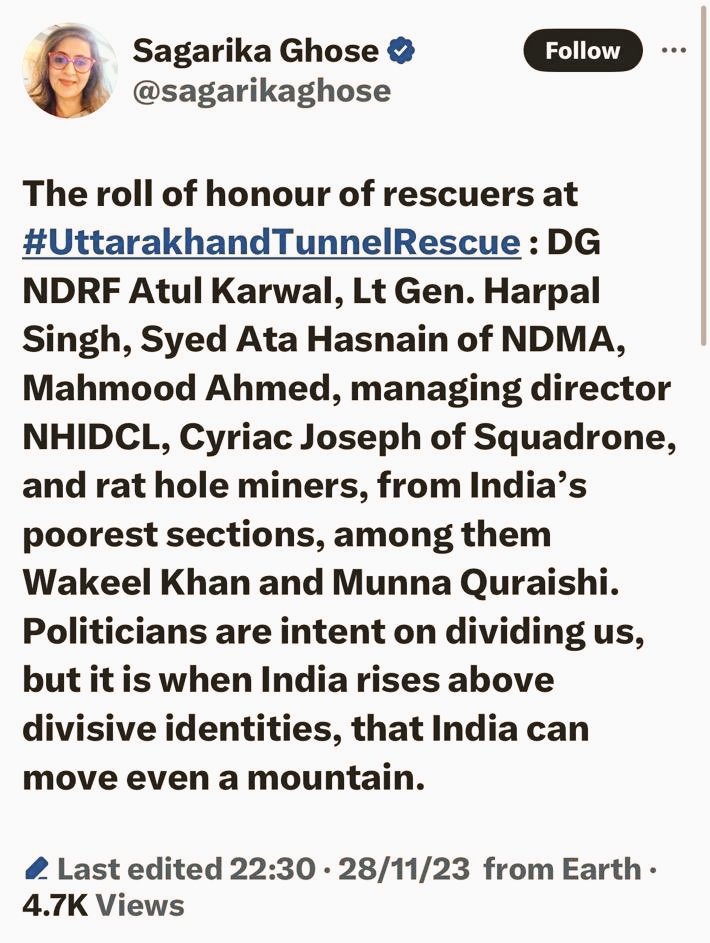 theskindoctor13's tweet photo. If rescue had gone wrong, this woman would've solely blamed PM. But since it succeeded, credit goes to 'diversity.'

Rescue agencies were selected for their skills, not religion. But the way she selectively cherry-picks specific names to shape a narrative... hats off to the shamelessness!