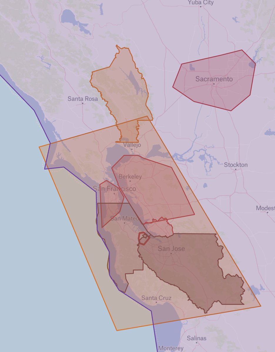 Fun way we've been using @felt here at @Artifact_News — we draw custom (often overlapping) polygons for regions, and then use them to geo-gate publishers that are local-only news. Exports to GeoJSON and then geopandas on the Python side matches user location with regions.