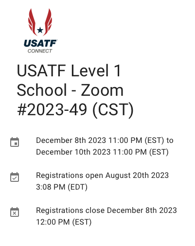 ChrisParno's tweet image. Want to become a @usatf certified coach?!

Level 1 Coaching Certification offered via zoom December 8th-10th! 

Instructors: 
Chris Parno - Sprints/Hurdles/Relays
@iggydotcom - Jumps
@SeanDenard - Throws
Scott Christensen - Endurance 

Register Below! 

usatf.sport80.com/public/wizard/……